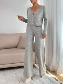 EURMUSE 2pcs/Set Front Button Placket Long Sleeve Pocket Casual Top And Pants Outfit - Grey - View 1