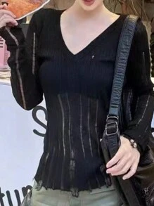 INAWLY 女士纯色 V 领长袖毛衣 - 黑色 - 查看 4