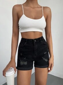 EURMUSE Ripped Roll Up Hem Denim Shorts - Black - View 4