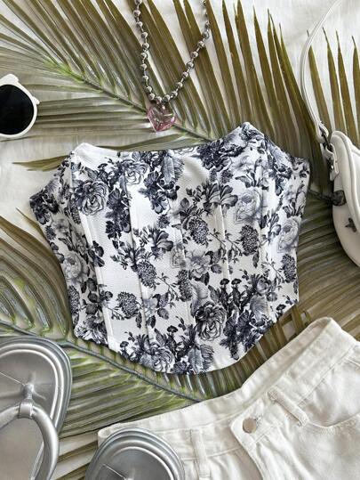 Soleia 女士度假风黑白水彩扎染花卉印花弹力面料鱼骨线拼接装饰百搭婚礼季海滩西部音乐节夏季波西米亚风抹胸上衣