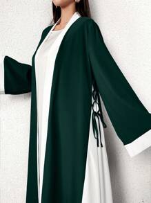 Yasmyna Ladies Solid Color Patchwork Long Sleeve Drawstring Loose Abaya, Casual,Modest Maxi Length Robe, Spring/Summer - Dark Green - View 4