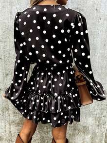 Women's Long Sleeve Polka Dot Tie Front Ruffle Hem Midi Dress - Black - View 2