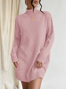 EURMUSE 高領落肩袖毛衣連衣裙(不含皮帶) - 粉色 - 查看 5