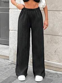 EURMUSE Women's Solid Mid Rise Crinkle Pants - Black - View 7