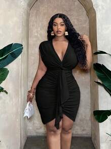 Slaydiva Plus Size Elegant & Party & Date Bodycon Solid Dress With Front Twist And Ruffle Detail Dress, Spring-Summer-F' - Black - View 2