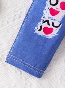 SHEIN 2pcs/Set Baby Girl Fashion Minimalist Puff Sleeve Sweatshirt With Letter Slogan Print And Denim Effect Printed Pants, Outfit For Autumn