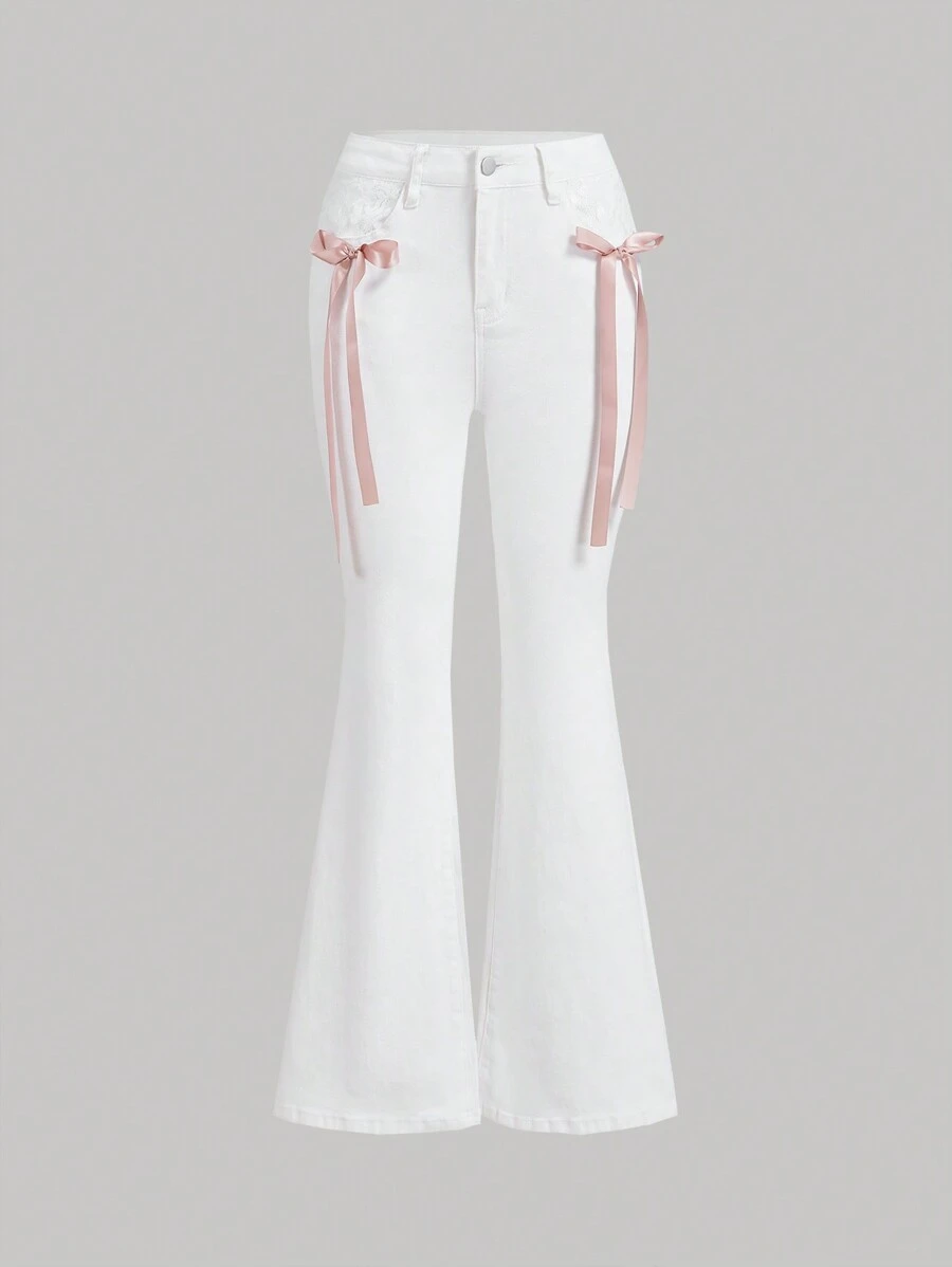 SHEIN MOD Women's Jeans With Bow Decor Flared Leg - White - View 1