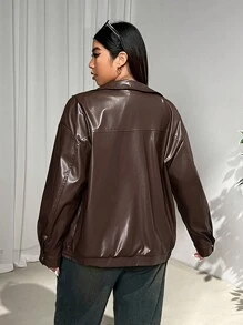 SHEIN EZwear Plus Size Women Brown PU Leather Zipper Lapel Collar Long Sleeve Pocket Lined Loose Jacket Coat, Suitable For Daily Casual, Party & Dating, Halloween Clothes - Rust Brown - View 5