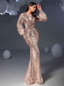 Faeriesty Elegantes Abendkleid für Damen mit elegantem rundem Ausschnitt, durchgehender funkelnder Pailletten-Stickerei, dramatischen Laternenärmeln, schmeichelhafter figurbetonter Silhouette und Meerjungfrau-Saum für Gala-Events, Jubiläumsbälle, Feierlichkeiten, formelle Abendessen und Abendgalas, Sommerurlaubs-Outfits, Hochzeitsfrühlingsfeste - Champagnerfarben - Übersicht 6