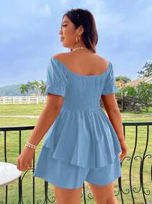 SHEIN SunnyBelle 大码露肩褶皱短袖时尚休闲宽松舒适连体裤 - 藍色 - 查看 2