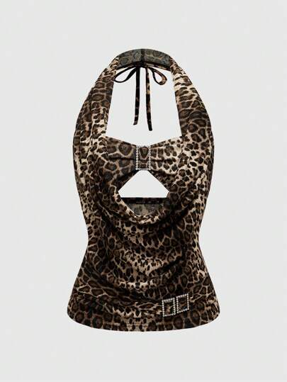 Grunge Punk Hauts court à encolure drapée sans manches pour femme avec taille froncée et imprimé léopard rétro Gyaru Y2K