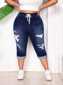 SHEIN CURVE+ Pantalones vaqueros elásticos pitillo azul desgastados de talla grande para mujer