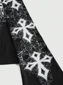 ROMWE Grunge Punk Women's Fashionable Cross Printed Off-Shoulder Flared Sleeve T-Shirt, Spring/Autumn