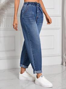 SHEIN Essnce 女士蝴蝶结牛仔裤，锥形裤腿，松紧腰带，蓝色 - 中等水洗藍 - 查看 5