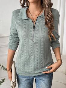 SHEIN LUNE Áo hoodie có khóa kéo đơn sắc thường ngày dành cho nữ - màu xanh lá - Xem 5