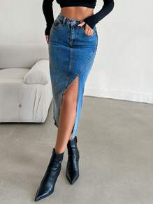 RueChic Women's Mid-Rise Asymmetrical Front Slit Washed Denim Skirt - Medium Wash - View 6