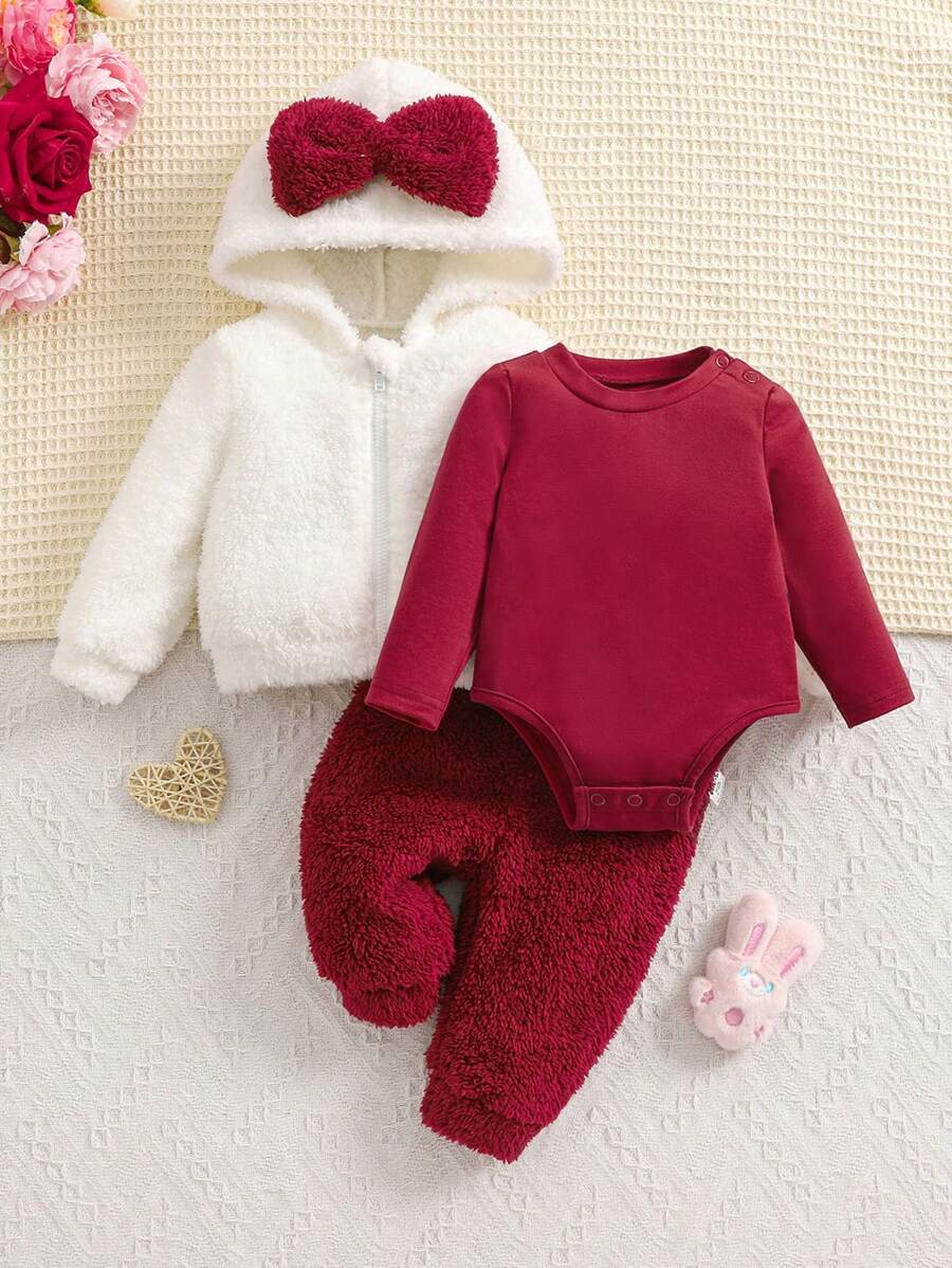 SHEIN 3件套新生女宝宝秋冬可爱柔软毛绒蝴蝶结连帽卫衣、长裤针织长袖连体衣套装 - 紅色 - 查看 1
