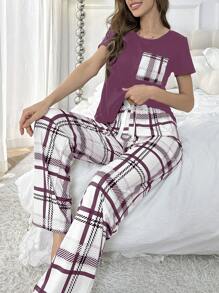 Plaid Short Sleeve Pajama Set For Women - Purple - View 6