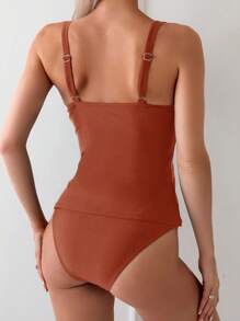 SHEIN Swim 女士细肩带露背扇贝边短款上衣和贴身下装比基尼套装夏季 - 鏽棕色 - 查看 2