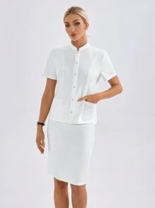TaskEZ Camisa de trabajo de manga corta de unicolor con bolsillo para mujeres