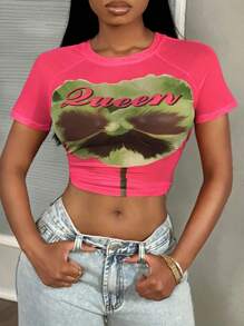 Slaydiva Streetwear décontracté et sexy, t-shirt à col rond à impression florale tout-aller rose rouge, blouse transparente à imprimé maillé pour femmes