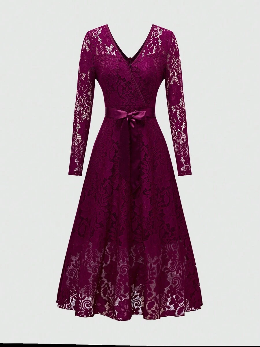 SHEIN Clasi Ladies Elegant Long Sleeve Lace Flounced Midi Dress, Autumn & Winter - Red - View 1