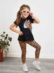 SHEIN Young Girl Leopard Print Ruffle Hem Tee & Leggings - Multicolor - View 4