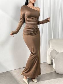 Modelyn 2 件套女士纯色不对称肩上衣和裙子休闲套装 - 駝色 - 查看 7