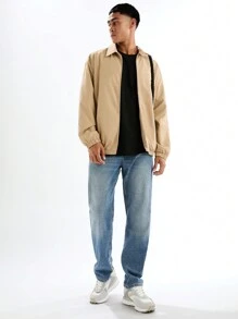 Manfinity VCAY Men's Fashionable Casual Solid Color Slim Fit Zip-Up Long Sleeve Jacket Men Jacket, For Fall Winter - Apricot - View 5