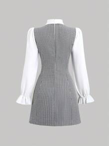 Sweetra Women Contrast Color Bow Tie Patchwork Dress