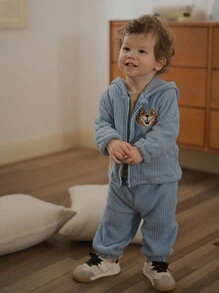 SHEIN Baby Boy Embroidery Decor Hooded Sweatshirt And Solid Color Pants Clothes Set - Multicolor - View 9