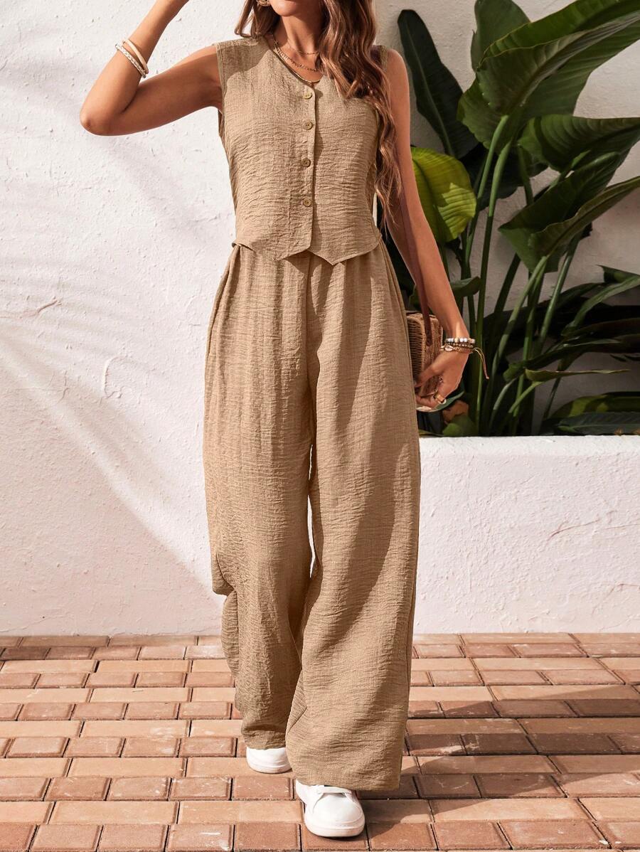 SHEIN Frenchy 女士夏季纯色单排扣背心阔腿裤宽松休闲套装 - 卡其色 - 查看 1