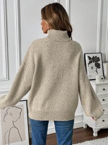 SHEIN LUNE Solid Color High Collar Cable Knit Casual Long Sleeve Sweater, Knit Pullover Fall Winter - Apricot - View 2