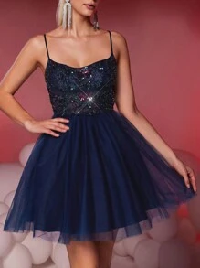 SHEIN Belle Elegant Luxurious Navy Blue Mesh Floral Sequined Oversized A-Line Dress Suitable For Wedding, Bachelorette Party, Vacation, Prom, Gala (Heavy Embellished)