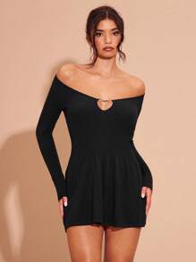 SHEIN X  Ignacia Antonia Glamine Vestido de suéter de unicolor con hombros descubiertos para mujer, ropa de otoño para mujer, elegante y sexy para salir de noche, cita nocturna, negro - Negro - Ver 3