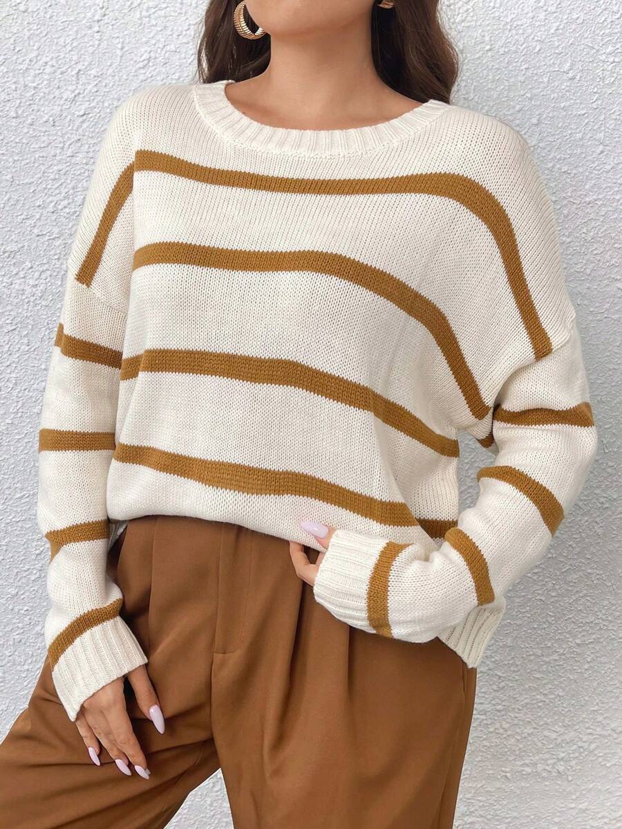 Celure Áo len nữ cỡ lớn kẻ sọc cổ tròn tay raglan, kiểu dáng thường ngày, thích hợp cho mùa xuân và mùa thu, áo len dệt kim mùa thu. - Lạc đà - Xem 1