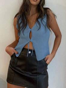 INAWLY 女士纯色无袖镂空下摆针织上衣，春秋 - 藍色 - 查看 3