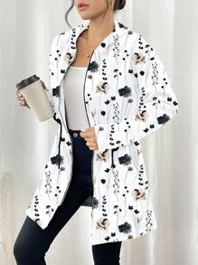 SHEIN LUNE Damen Jacke mit durchgehendem Reißverschluss, ganzflächigem Blumen Muster, Kapuze, Lässig-Stil