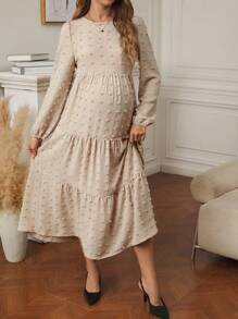 SHEIN 圆点荷叶边下摆长袖连衣裙，孕妇装