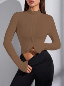 SHEIN Sports Solid Color Front Zipper Long Sleeve Casual Sports Jacket - Coffee Brown - View 4