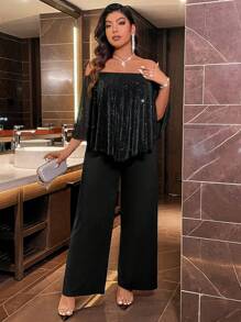 Plus Size One-Piece Jumpsuit With Off Shoulder, Chic And Elegant For Early Autumn - Black - View 5