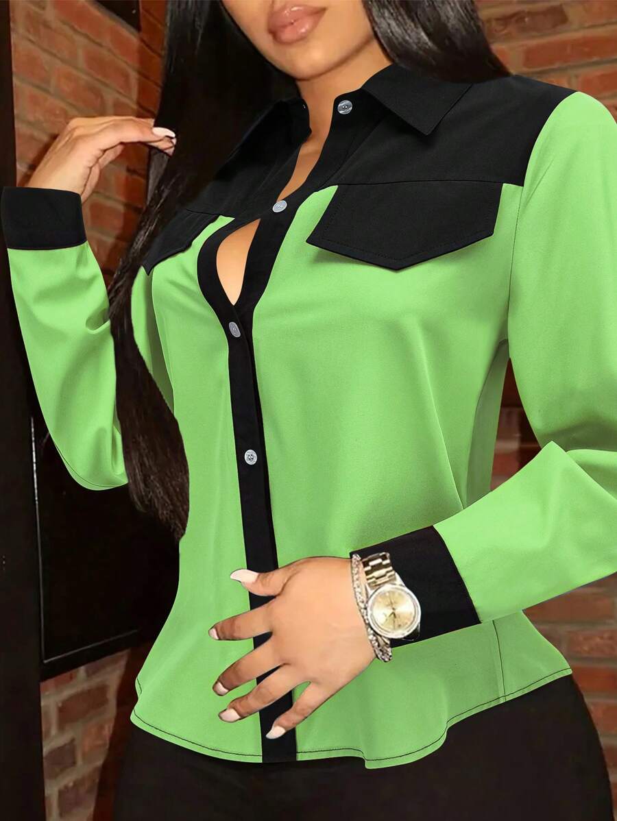 Áo thun tay dài đơn giản màu trơn có túi nút phía trước, mặc hàng ngày