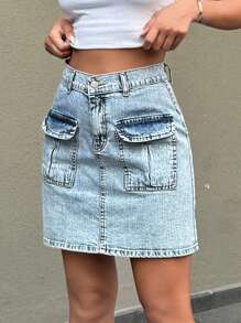 SHEIN Cottnline Women Denim Comfort Cargo Mini Skirt - Medium Wash - View 4