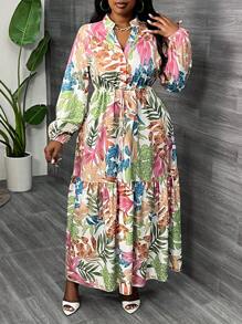 Slaydiva 大碼花卉印花燈籠袖連身裙 - 彩色 - 查看 5