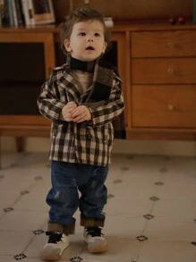 SHEIN Toddler Plaid Pattern Woolen Casual Jacket - Multicolor - View 11