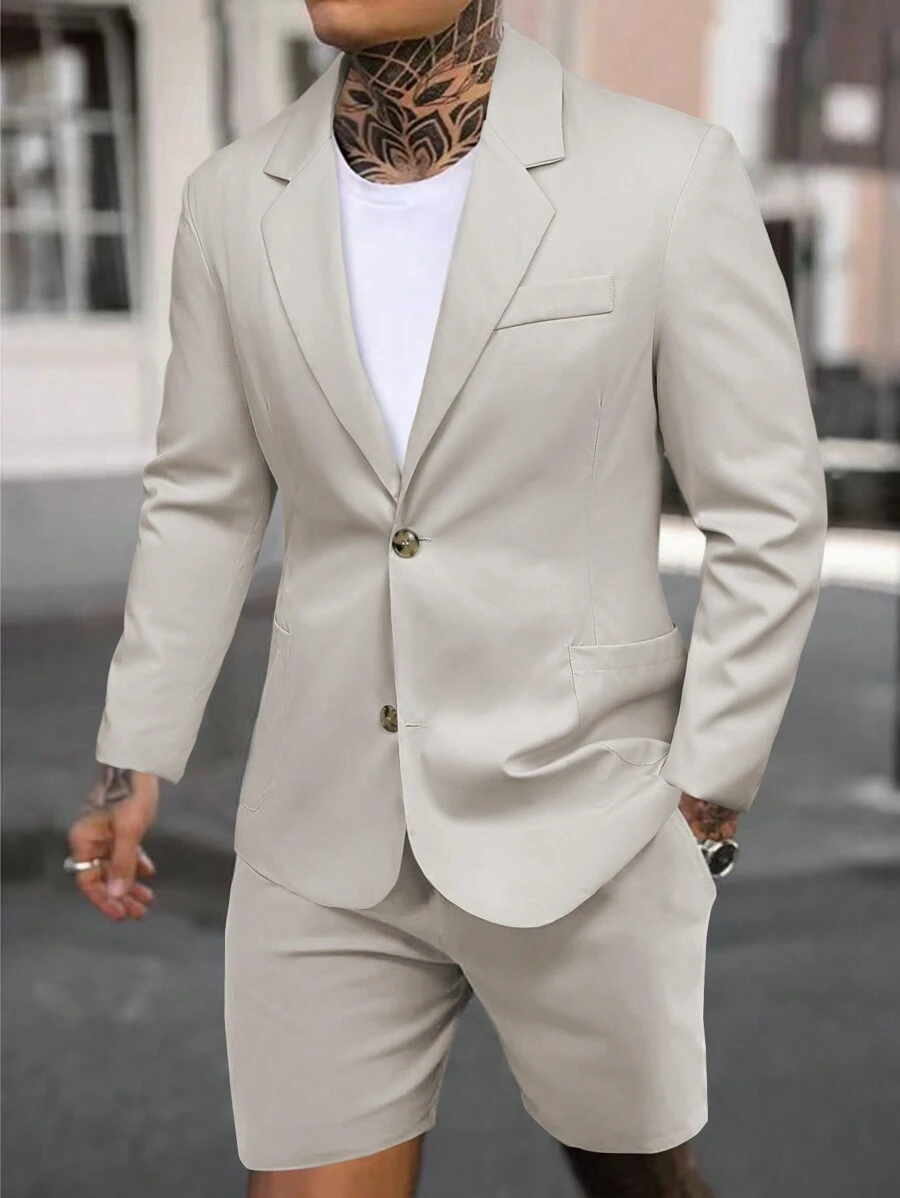 Manfinity Mode Men Solid Single Breasted Blazer & Shorts - Khaki - View 1