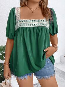 SHEIN Holidaya Áo sơ mi tay bồng cổ vuông ren tương phản cỡ lớn cho nữ, mùa hè - màu xanh lá - Xem 4