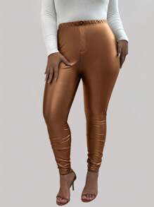 Maweii Plus Size Solid Color Front Button Simple Leggings, Casual Daily Wear - Gold - View 3