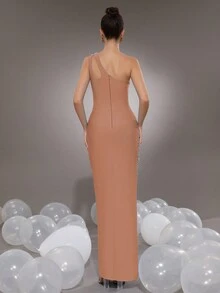 Modphy 性感女士黑色无袖水钻紧身开衩绷带长裙，优雅派对正式晚礼服 - 杏色 - 查看 2