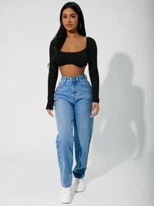 EURMUSE Zipper Fly Mom Fit Jeans - Baby Blue - View 3